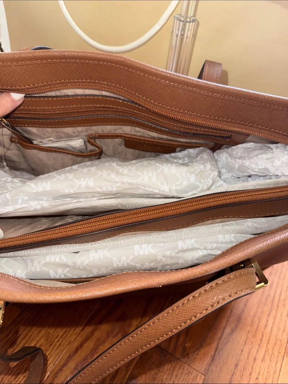Michael Kors Brown Saffiano Tote with Gold Logo Charm